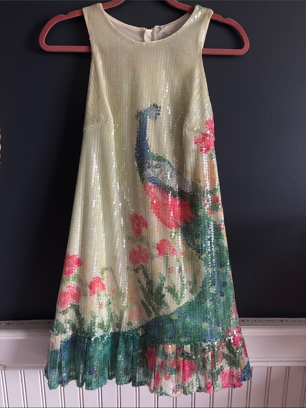 leifsdottir Light Green Sequin A-Line Dress with Peacock & Pink Floral Print